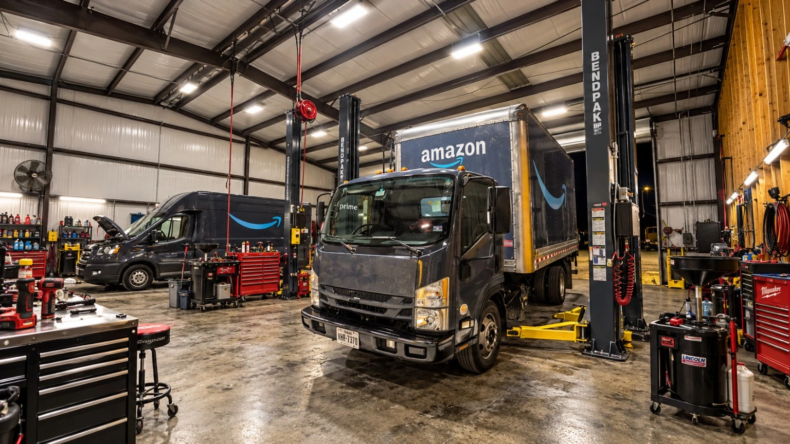 Amazon delivery trucks and vans in a commercial repair shop